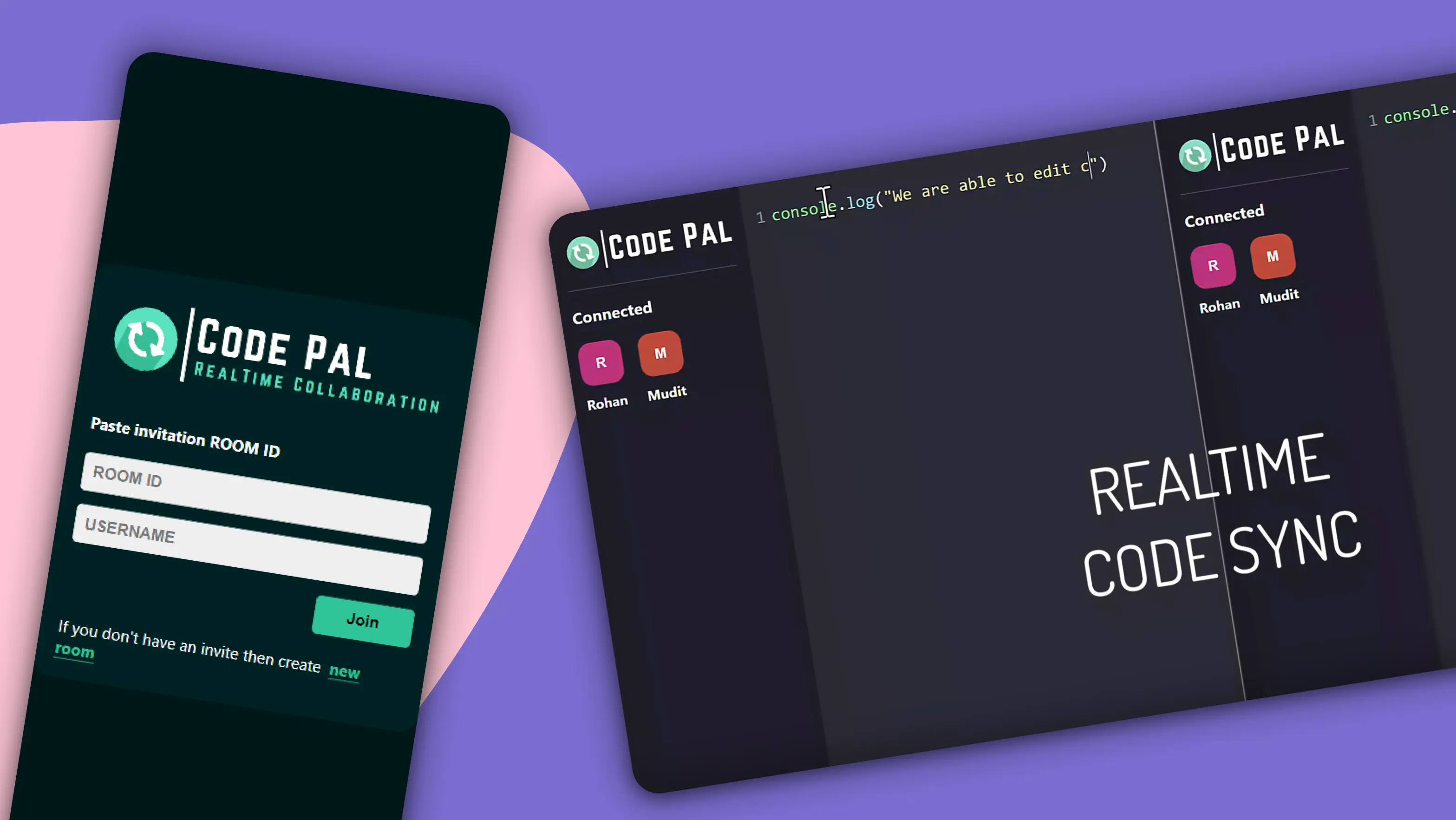 CodePal on a phone and a laptop: a join screen and a shared editor showing two connected users.