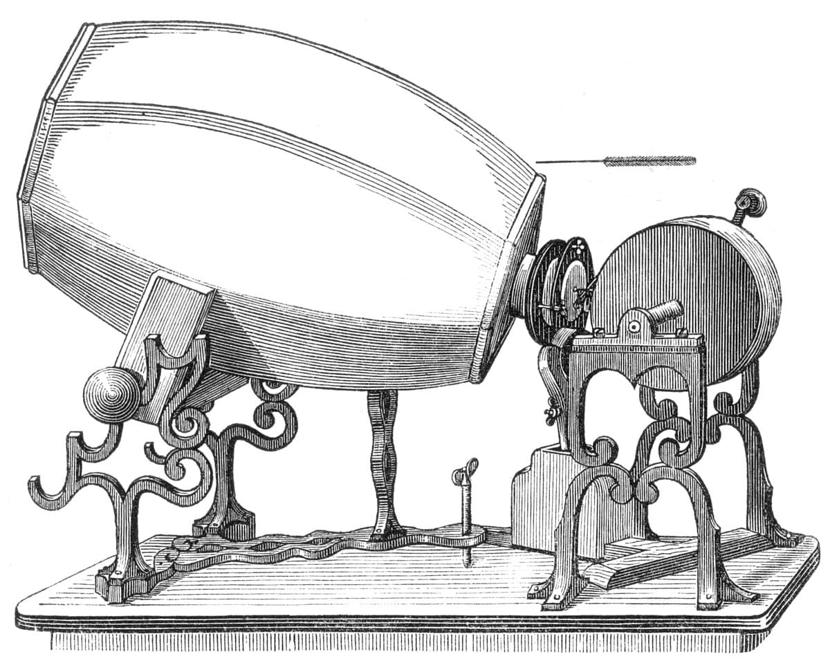 An 1859 phonautograph: a horn that focuses sound onto a membrane and a stylus that traces the sound wave onto a rotating cylinder.