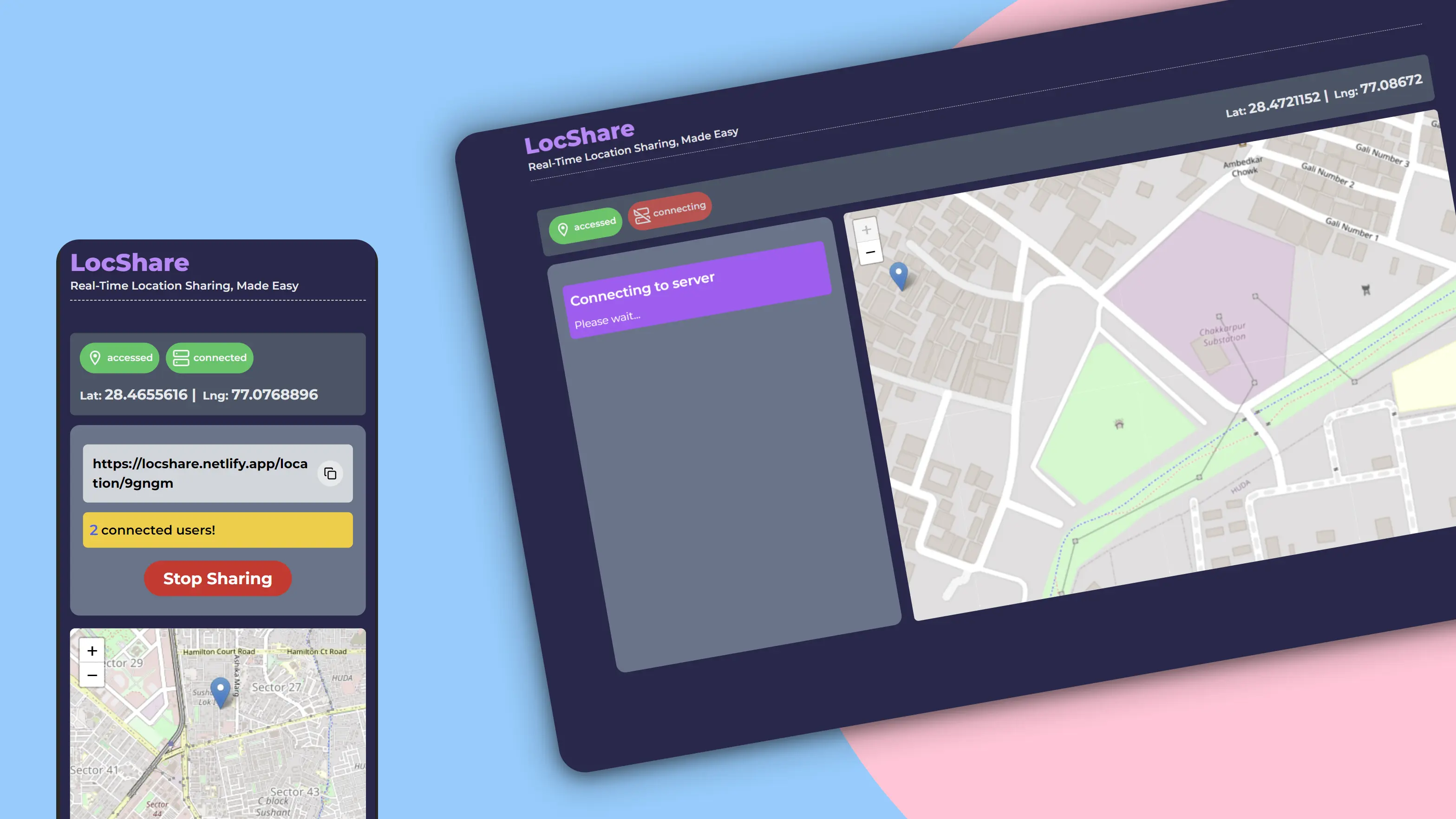 LocShare on a phone and a laptop: a shared link, a count of connected users and a live map.